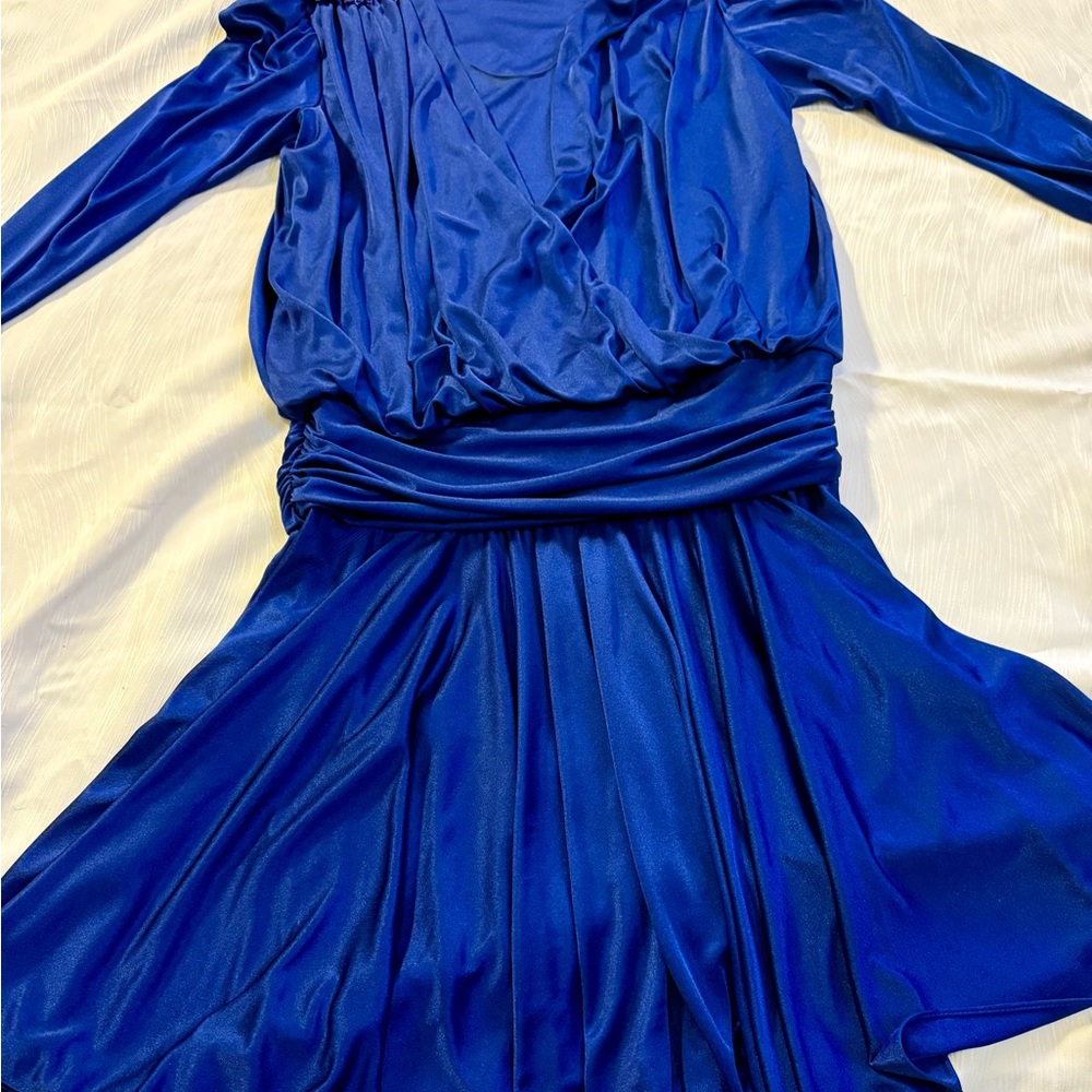 Vintage Abby Kent Royal Blue Cocktail Dress 80s Beaded Shoulder Ruched USA 11/12